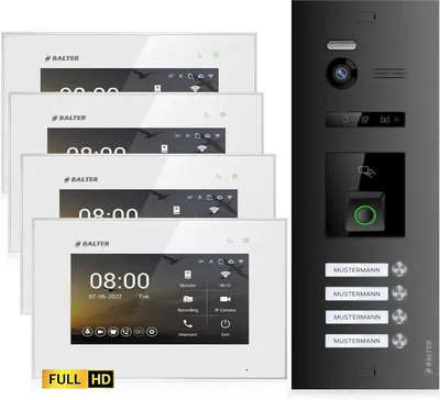 Produktbild von Balter EVO HD Video Türsprechanlage mit Fingerprint und RFID für 4 Familienhaus, 4x Monitore