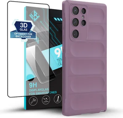 Produktbild von Handy Hülle für Samsung Galaxy S22 Ultra mit 9H Displayglas Displayschutz Plus Grip Case Cover Schutzhülle Softgrip Farbe: Violett