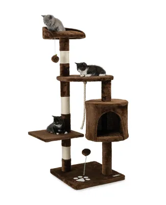 Immagine prodotto di tiragraffi lionto per gatti alto 112 cm, con grotta, corda in sisal, palline di peluche e supporto da parete, albero da arrampicata compatto, marrone