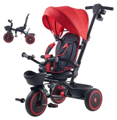Produktbild von Kinderdreirad - Dreirad mit Schiebestange - Klappbares Verdeck - Verstellbarer Sitz - Aufbewahrungskorb - Für 1–5 Jahre - Rot-Schwarz