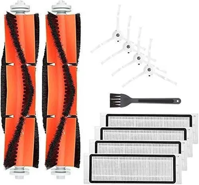 A collection of replacement parts for a robot vacuum cleaner, including brushes, side brushes, and filters.
