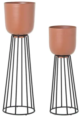 Produktbild von DRW Set mit 2 Blumentöpfen aus Metall mit Fuß Terrakotta und Schwarz, 26 x 26 x 90 cm und 23 x 23 x 71 cm