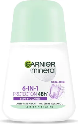 Produktbild von Garnier Mineral-Deo Roll-on 6-in-1 Schutz 48h Blumig-Frischer Duft - Haut + Kleidung 50 ml