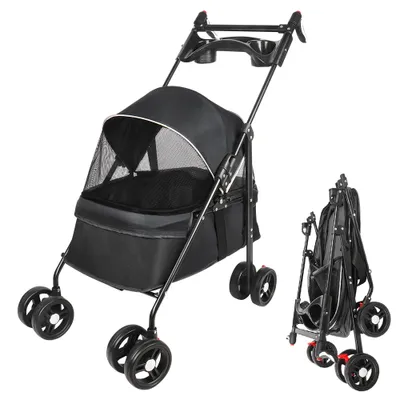 Image de Poussette pour chiens avec fenêtre en maille, pliable avec 2 laisses de sécurité, pour petits chiens et chats, Oxford noir