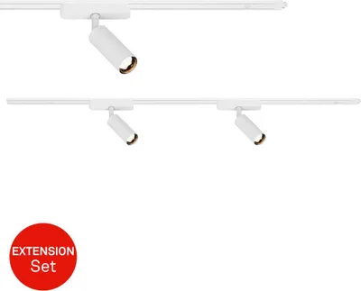 A white track lighting system with adjustable spotlights, presented against a white background.