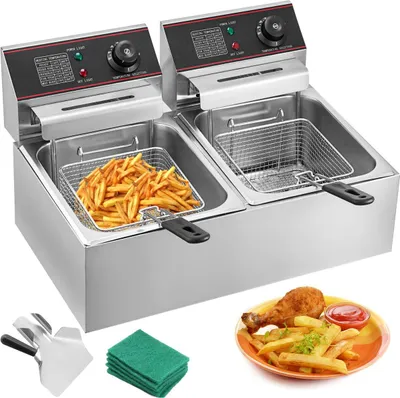 Image de Friteuse commerciale Friteuse électrique 12 L 5000 W Double panier YB-82 Friteuse électrique à double cuve Friteuse de comptoir en acier inoxydable pour usage commercial