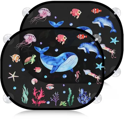 Immagine prodotto di Set da 2 parasole per auto, protezione UV per bambini, dimensioni 44x36 cm, con motivi di animali e 8 ventose