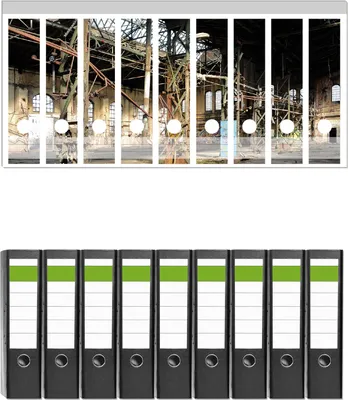 Produktbild von Wallario 9 Stück breite Ordner inkl. Klebeetiketten mit Motive Verlassene Industriehalle - Alte Fabrik -  Set mit Rückenschildern / Ordnerrücken Stickern