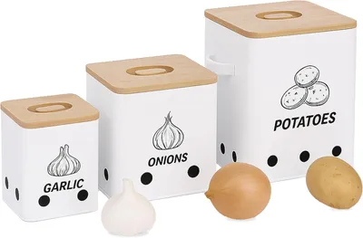 Produktbild von Aufbewahrungsbox für Kartoffeln, Zwiebeln und Knoblauch, 3-teilig, Metall, Bambusdeckel, weiß.
