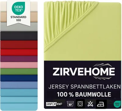 A product image showing a stack of different colored sheets on the left and a close-up of a light green fitted sheet on the right, with brand and product information.