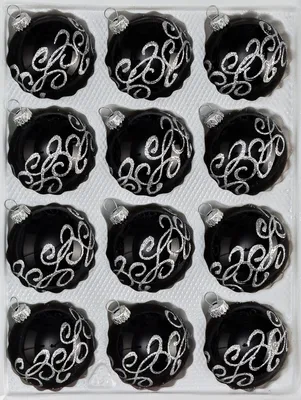 Produktbild von 12 tlg. Glas-Weihnachtskugeln Set in "Hochglanz-Schwarz-Silberne-Ornamente"
