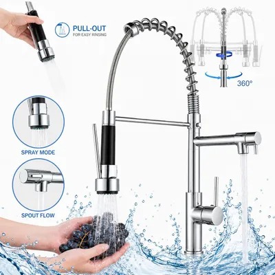 Produktbild von Wasserhahn Küche 2in1 Hochdruck Küchenarmatur, ausziehbare Federbrause, 360° schwenkbare Spültischarmatur, 2 Sprühfunktionen, Edelstahl