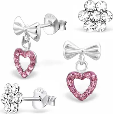 Produktbild von 2 Paar Blumen & Herz Ohrstecker Silber 925 Kinder Ohrringe