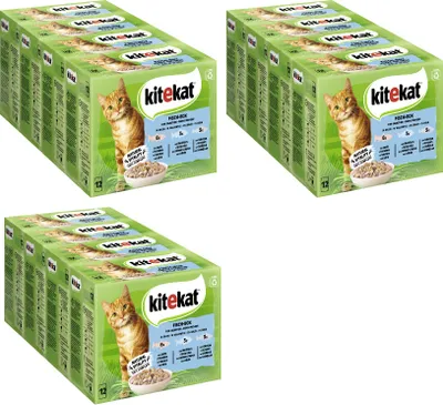 Produktbild von KITEKAT™ Multipack Portionsbeutel Fisch-Box 3 Varietäten Lachs, Weißfisch, Kabeljau in Gelee 12 x 12 x 85g