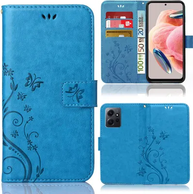 Produktbild von Handy Tasche für Xiaomi Redmi Note 12 4G Schutz Hülle Handyhülle mit Blumenmuster Klapp Hülle mit Standfunktion und Kartenfächer Blau