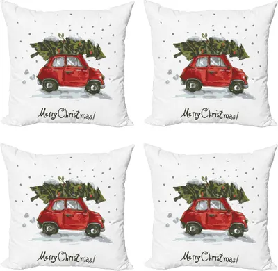 Produktbild von ABAKUHAUS Weihnachten Kissenbezug Set (4 Stück), Retro-Auto mit Baum, Moderner Doppelseitiger Digitaldruck, 50 cm x 50 cm, rot grün