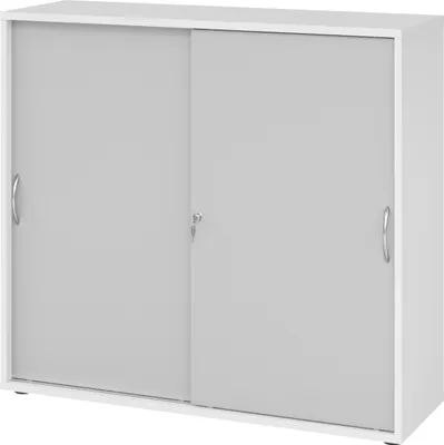 Produktbild von bümö Schiebetürenschrank office - 3 Ordnerhöhen - Griff: Bogengriff (Metall), Nachbildung: Weiß/Grau