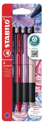Immagine prodotto di STABILO Pointball Wildflower Edition - Set 4 Penne A Sfera - Inchiostro Blu - Tratto 0,5 Mm - Bioplastica - Borgogna, Blu Elettrico, Cipria, Giglio Viola