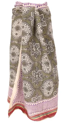Produktbild von Leichter Pareo Schal, Sarong, Handbedrucktes Baumwolltuch, Lungi mit Webbordüre - Olive/pink, Uni, Grün, Baumwolle, 190*120 cm, Sarongs & Tücher