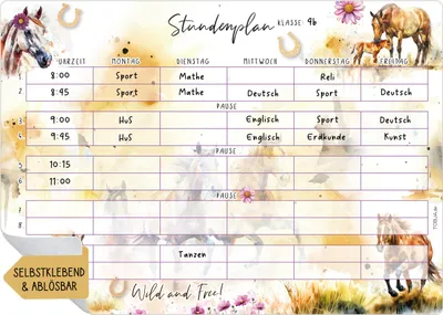 Produktbild von Stundenplan abwischbar selbstklebend | Pferde Design DIN A4 | Wiederverwendbar für Schulanfang & Füllung Zuckertüte Mädchen