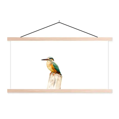 Produktbild von MuchoWow® Textilposter Eisvogel - Federn - Pfahl 60x30 cm mit holzfarbenen Rahmen - Dekoration