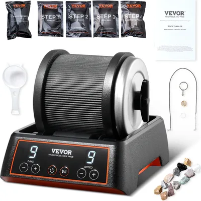 Produktbild von VEVOR Steinpolierer, Schwarz, 9 Geschwindigkeitsstufen, 9-Tage-Poliertimer, 1.13 kg Kapazität, für grobe Edelsteine & Polierkörner, ABS, 195x157x150mm (7.7x6.2x5.9 Zoll), 14-teilig, riemenloser leiser 35-dB-Motor