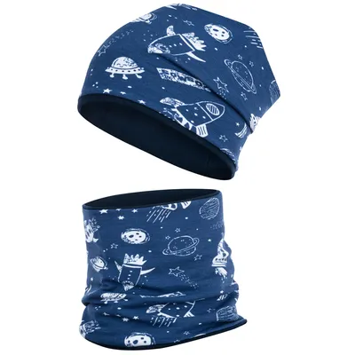 Produktbild von Übergangsmütze + Schlauchschal Beanie Stoffmütze Jungenmütze im Set Loop Baumwolle, Blau-Weltall, Gr. 50-52