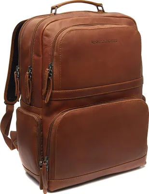 A brown leather backpack is shown against a white background.