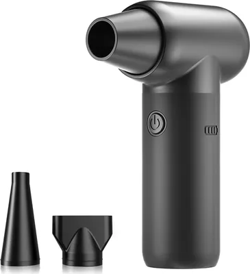 A black cordless air duster with three interchangeable nozzles is displayed against a white background.