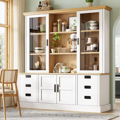 Image de Armoire haute de cuisine 140 x 185 cm – avec 6 grands tiroirs, portes vitrées, dispositif anti-basculement et glissières métalliques, meuble de rangement pour la cuisine et la salle à manger
