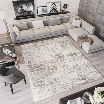 Produktbild von Teppich Kurzflor Modern Design Schlafzimmer Wohnzimmer Vintage Meliert Grau Creme  120 x 170 cm
