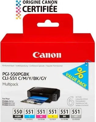 Produktbild von Canon PGI-550 / CLI-551 PGBK/C/M/Y/BK/GY Druckertinte - Multipack mit 6 Tinten für PIXMA Tintenstrahldrucker ORIGINAL