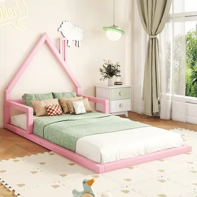 A child's bedroom with a pink house-shaped bed.