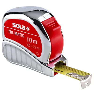 Produktbild von SOLA TRI-MATIC - Bandmaß 10m / 25mm - Profi-Taschenbandmaß mit Gürtelclip - Stahlband, gelb lackiert mit mm Skala - Genauigkeitsklasse I - Rollmeter mit beweglichem Endhaken - Länge 10m/25mm