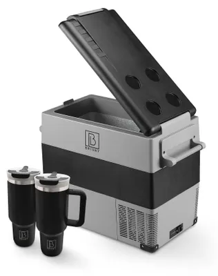 Produktbild von Brisby 49,5-Liter-Kompressorkühlbox – Elektrisch 12 V/230 V – Inkl. herausnehmbarem Korb und 2 x 1,2-L-Thermosflaschen – Tragbar – Grau
