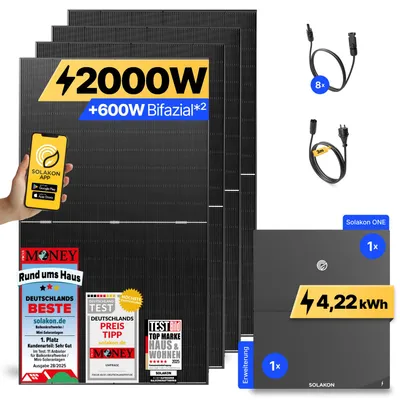 Produktbild von 2000W Balkonkraftwerk mit Speicher + Erweiterung Solakon ONE (4,22 kWh) Solaranlage Steckerfertig WIFI Komplettset Photovoltaik Anlage, Kabellänge: 3m