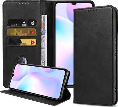 Produktbild von Smartphonica Handytasche passend für Xiaomi Redmi 9A / 9AT Kunstledertasche mit Magnetverschluss und Kartenhaltern Buchhülle mit Klappe - Schwarz