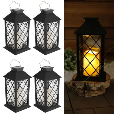 Produktbild von LUMILED 4x sada solárnych svietidiel Vonkajšie solárne svietidlá Vonkajšie LED sklenené svietidlo Solárne svetlo Sviečka Plameňové efekty Sviečka Svietidlo IP44 Vintage čierna Závesné dekoratívne vonkajšie svetlo Záhradné svietidlo