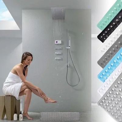 Image de Tapis de douche antidérapant 53 x 53 cm avec poignées encastrées et trous d'évacuation - Gris