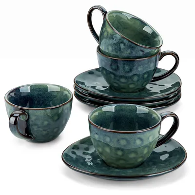 Kaffee-Tassen-Set 8-teilig, 270 ml, Keramik, Vintage-Design, Grün