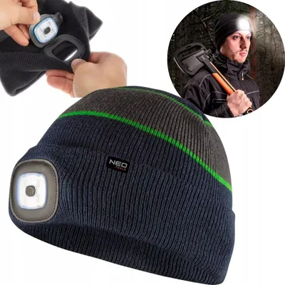 Image de NEO TOOLS Bonnet d'hiver, bonnet tricoté, bonnet chaud - Avec une lampe de poche LED bleu marine