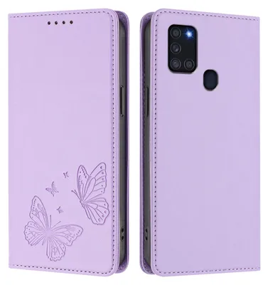 Produktbild von Lederhülle für Samsung Galaxy A21S, Schmetterling Prägung Leder Brieftasche Schutzhülle mit Ständer Violett