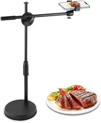 Obrázok produktu pre Uniqoos® Stojan na smartfón, výškovo nastaviteľný (21–56 cm), otočné kĺby (360°), stabilná okrúhla základňa, stolový statív z hliníkovej zliatiny pre fotografovanie a streamovanie