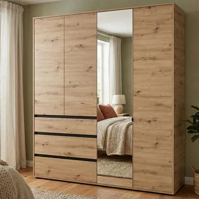 Produktbild von Rifreddoo - Großer Kleiderschrank, 183x211h cm braune Knoten-Eiche, 4 Böden