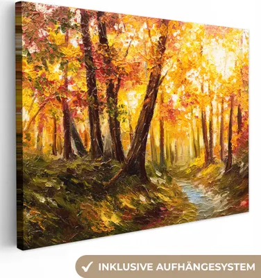 Produktbild von MuchoWow® - Leinwandbilder - Gemälde - Herbst - Wald - Ölgemälde, Wandbild, Wanddeko Bilder Wohnzimmer, 120x90 cm
