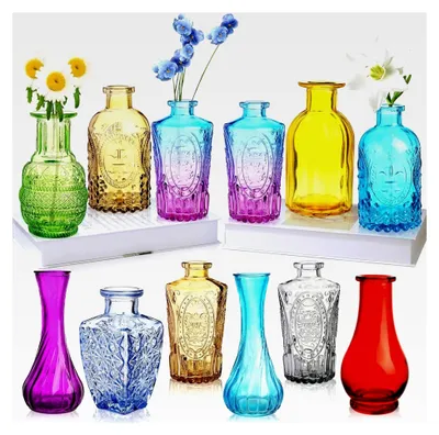 Produktbild von Bunte Glasvasen, 12 Stück, kleine Vintage-Knospenvasen, dekorative Glasflaschen für Tischdekoration, Büro, Garten, Hochzeit