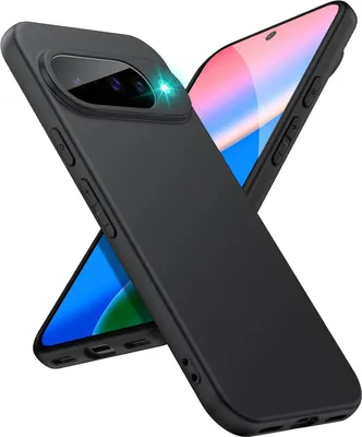 A black phone case is shown diagonally with a phone screen visible underneath.