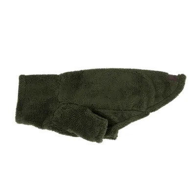A green fleece dog jacket is shown against a white background.