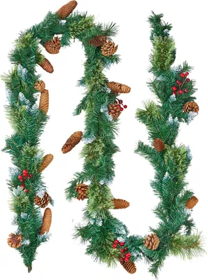 Produktbild von VEVOR Weihnachtsgirlande, 2750 mm künstliche Tannengirlande mit Lichterkette, Weihnachtsdeko mit Beeren-Büscheln, Tannennadeln, Tannenzapfen, realistische Weihnachtskollektion für Kaminsims & Kamin