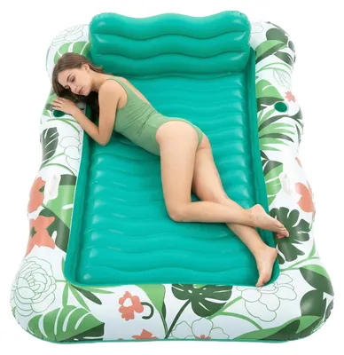 Image de Transat gonflable pour piscine - Hamac flottant pour 1 personne - Repose-tête - Porte-gobelets - PVC - Pliable - Vert